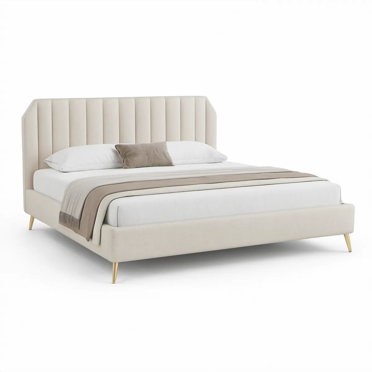 Cama de Casal Estofada Bege e Dourada para Colchão 160 x 200 cm, 220 x 172 x 120 cm