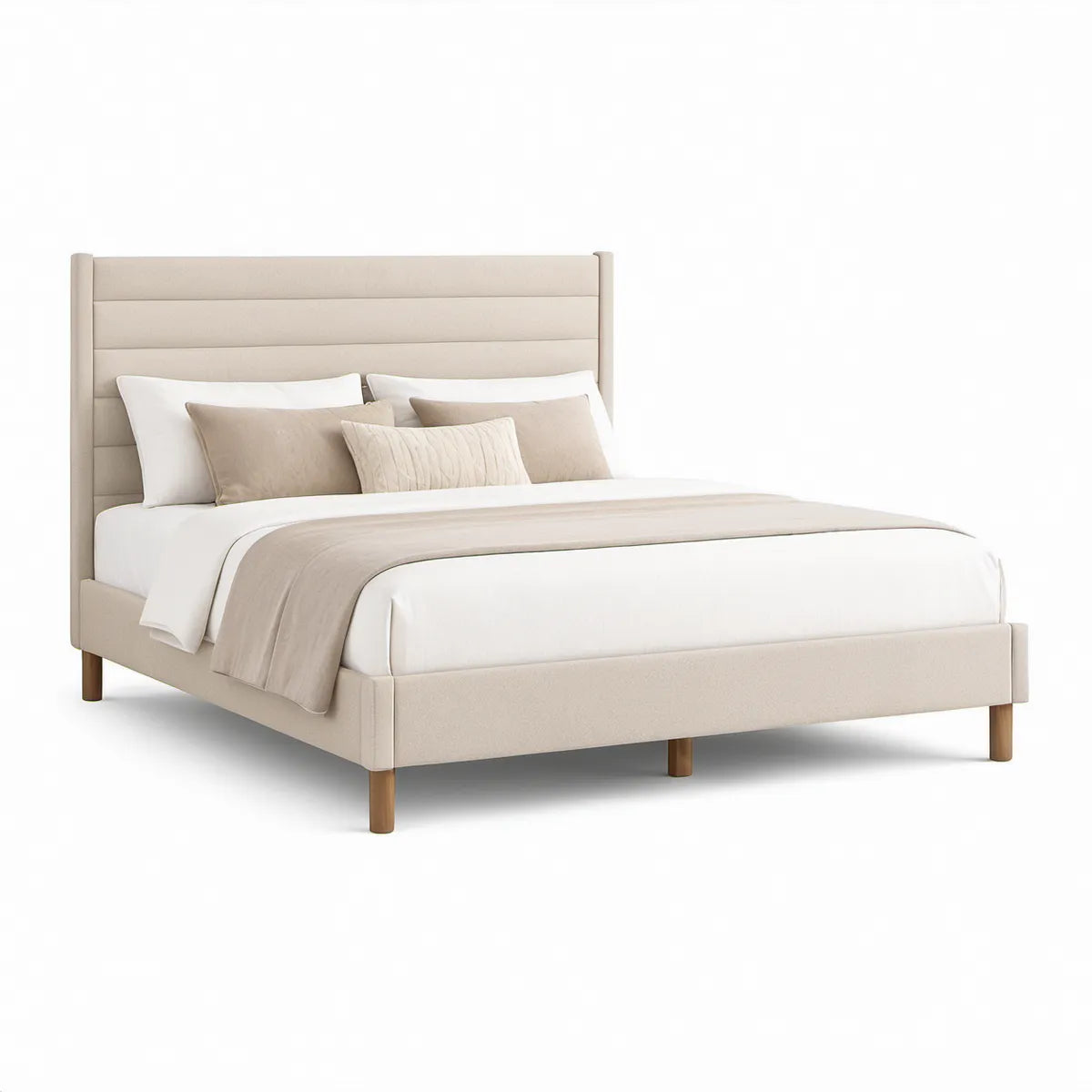 Cama de Casal Estofada 160 x 200 cm com Cabeceira Acolchoada Bege Claro e Pés Castanho Natural