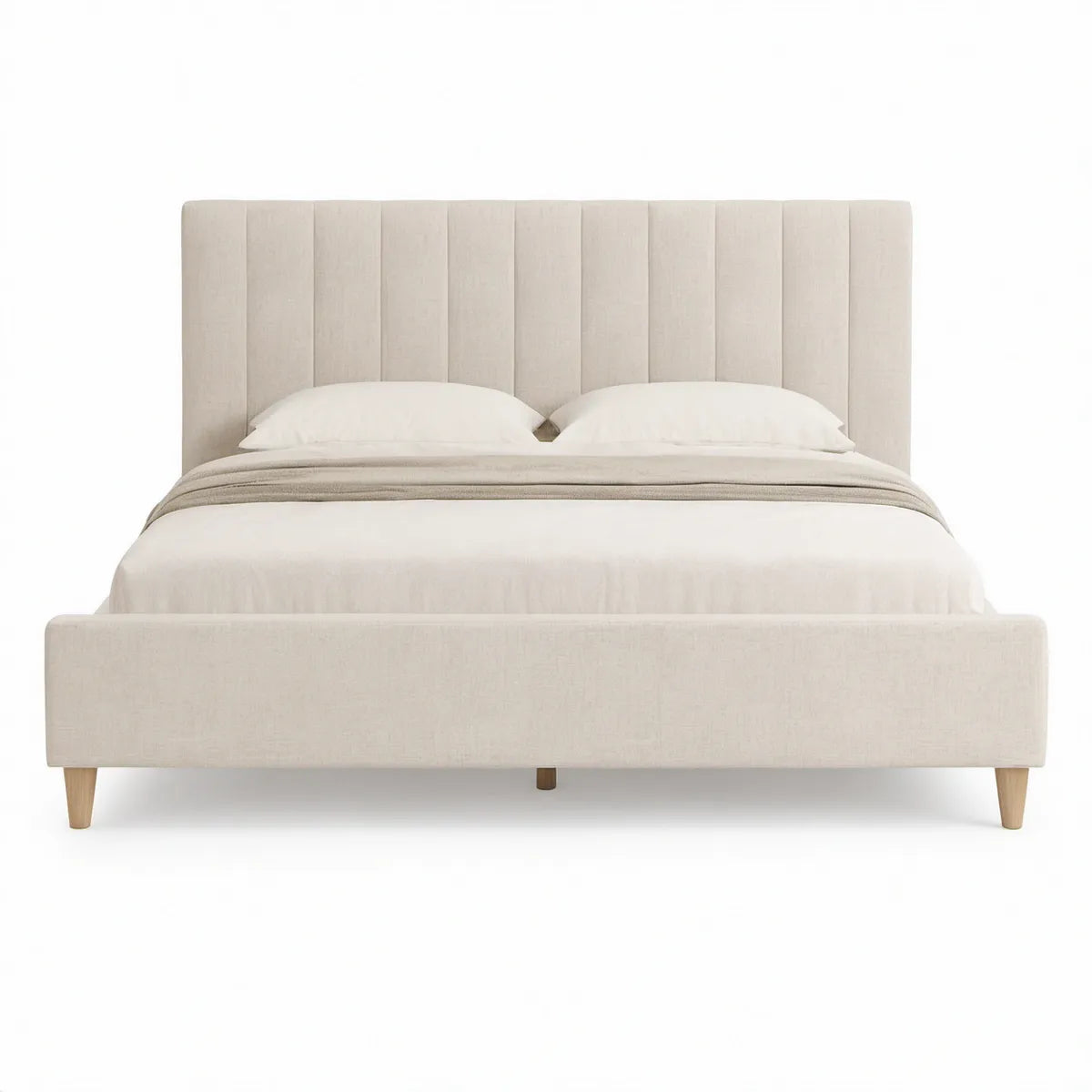 Cama de Casal Estofada 160 x 200 cm com Cabeceira Retangular em Poliéster Bege