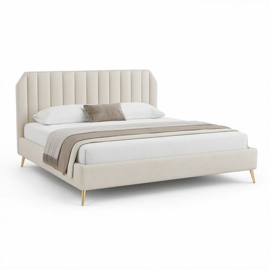 Cama de Casal Estofada Bege e Dourada para Colchão 160 x 200 cm, 220 x 172 x 120 cm