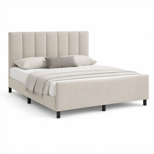 Cama Estofada Bege para Colchão 160 x 200 cm, 218 x 170 x 112 cm
