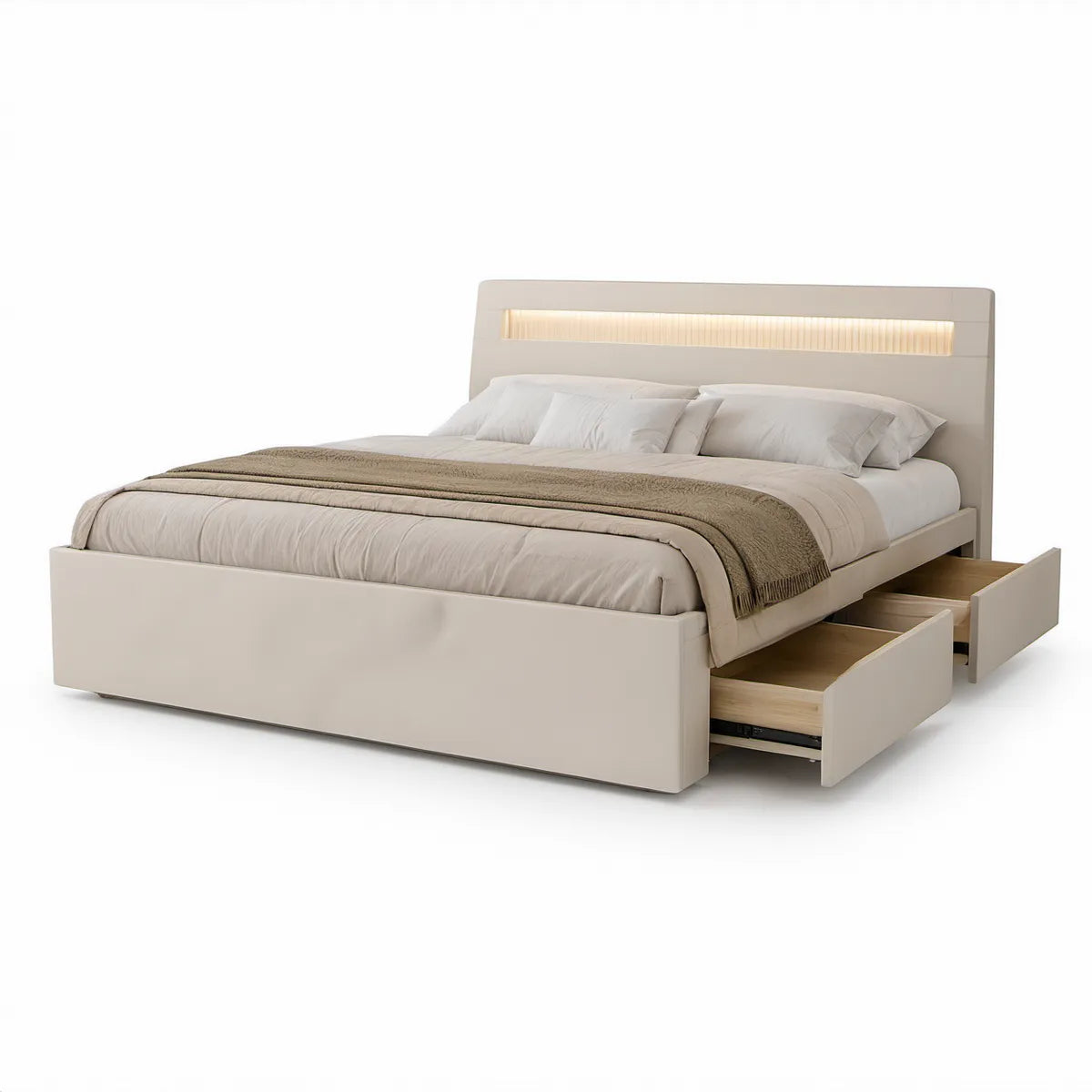 Cama de Casal Bege 160 x 200 cm com 2 Gavetas Laterais e Iluminação LED, 170 x 220 x 110 cm