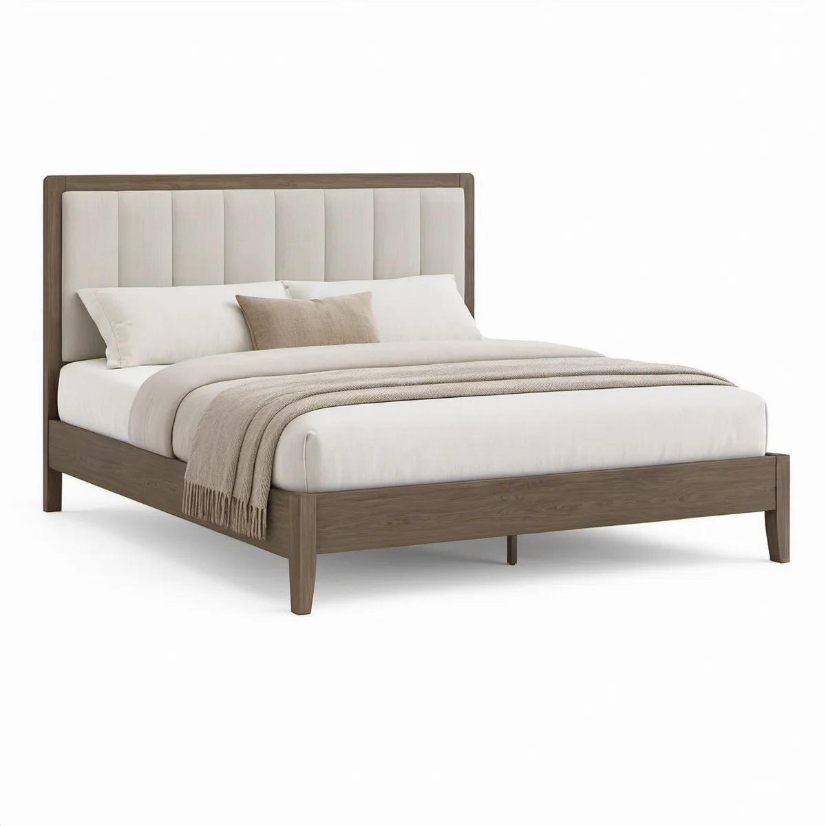 Cama de Casal 160 x 200 cm em Madeira de Eucalipto Castanha com Cabeceira Estofada Bege
