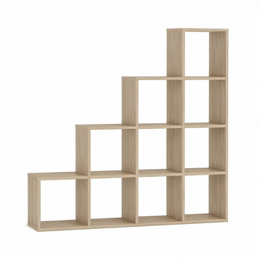 Estante Escalonada com 10 Nichos em Aglomerado Carvalho Sonoma, 138,5 x 29 x 142,5 cm