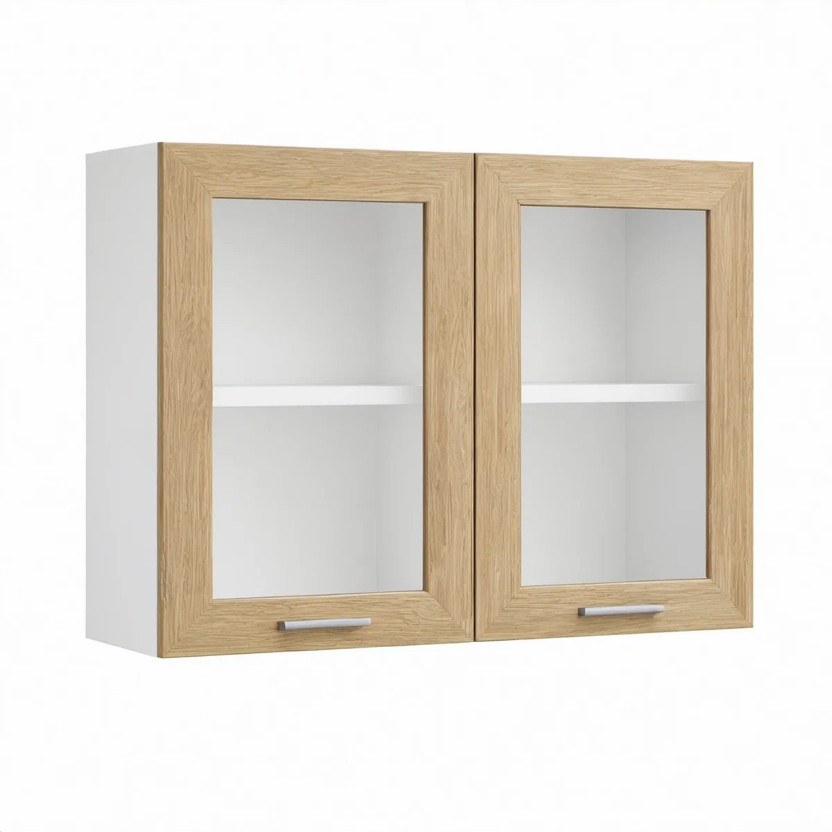 Armário Suspenso com 2 Portas de Vidro 80 x 60 x 30 cm Branco e Carvalho Claro