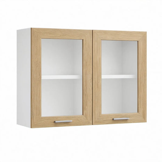 Armário Suspenso com 2 Portas de Vidro 80 x 60 x 30 cm Branco e Carvalho Claro