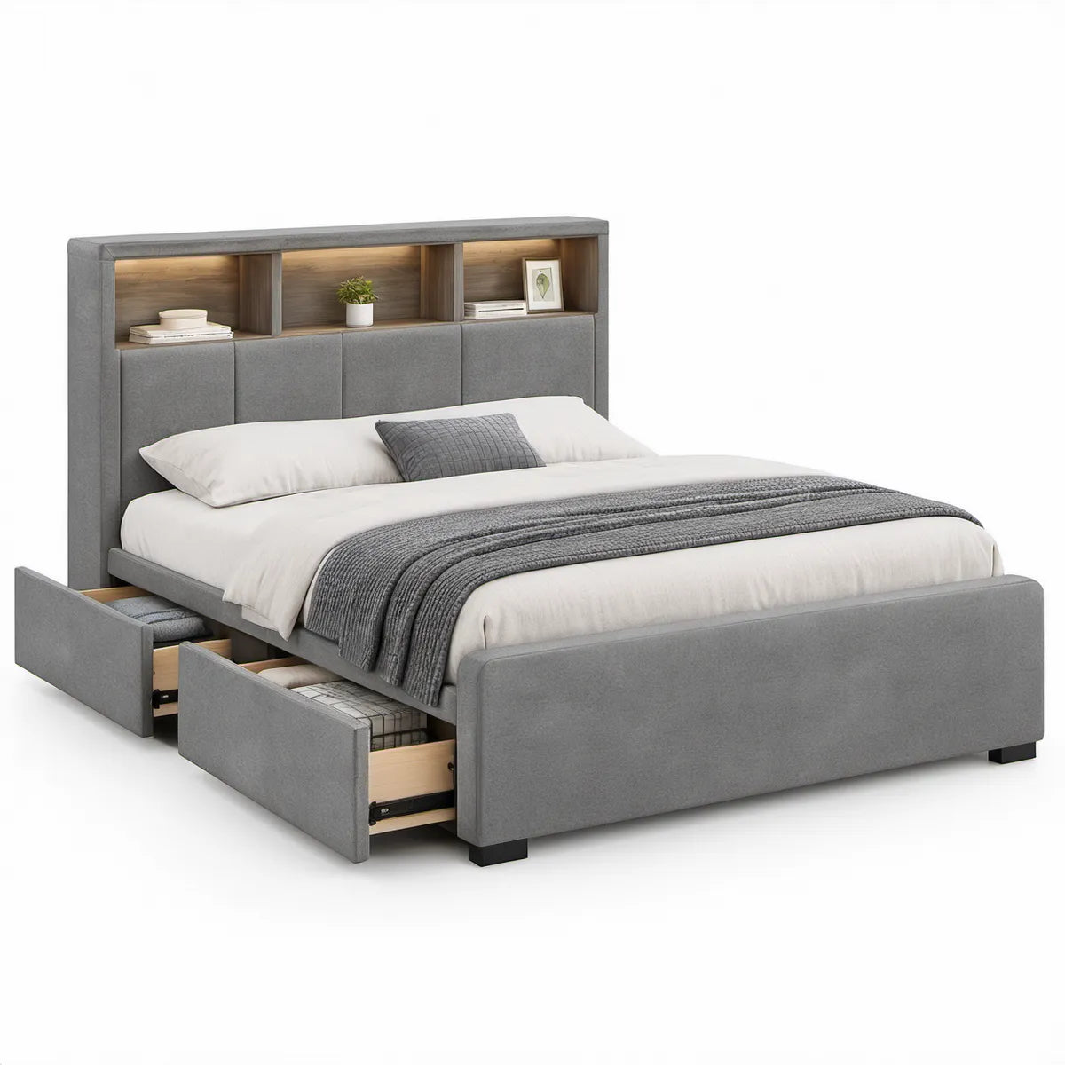 Cama de Casal Cinzenta com Cabeceira Iluminada, Prateleiras e 2 Gavetas Laterais, para Colchão 160 x 200 cm