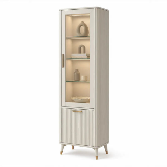 Vitrine Alta em MDF Branco Marfim com Vidro Temperado e Detalhes Dourados, 60 x 40 x 180 cm
