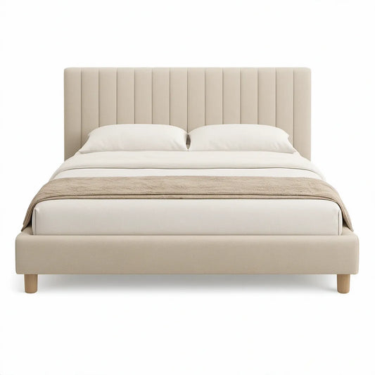 Cama de Casal Estofada Bege para Colchão 160 x 200 cm