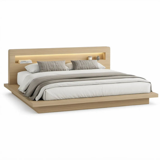 Cama de Casal em MDF Carvalho Claro com Cabeceira LED para Colchão 180 x 200 cm