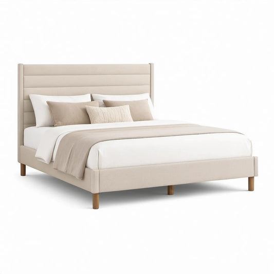 Cama de Casal Estofada 160 x 200 cm com Cabeceira Acolchoada Bege Claro e Pés Castanho Natural