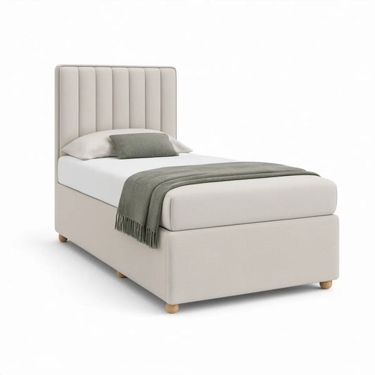 Cama Individual Estofada Bege para Colchão 90 x 190 cm com Cabeceira Canelada