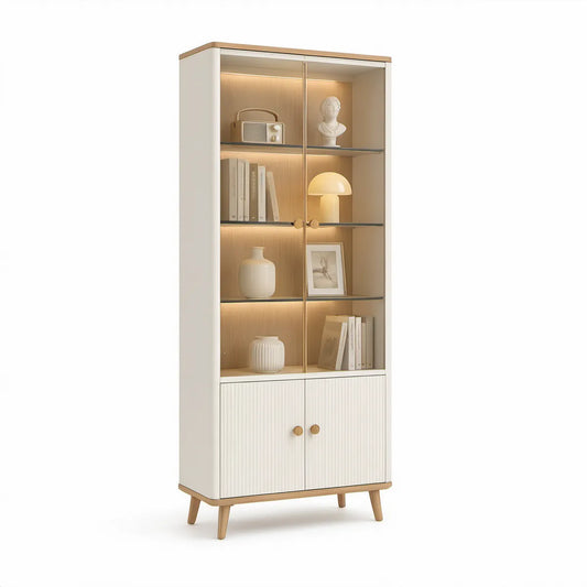 Vitrina em MDF e Vidro Temperado Branco Marfim e Carvalho Claro 80 x 40 x 190 cm