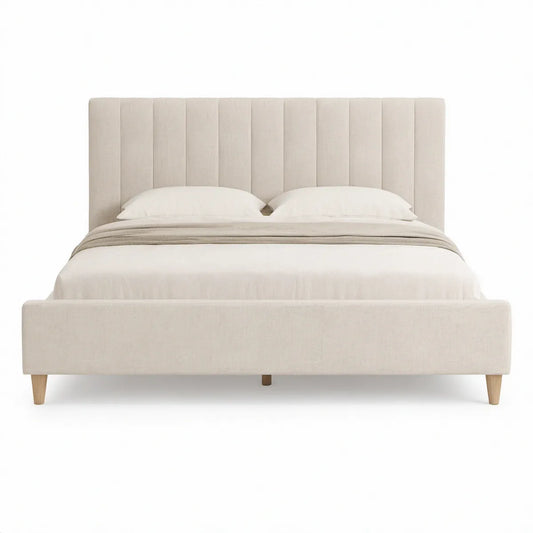 Cama de Casal Estofada 160 x 200 cm com Cabeceira Retangular em Poliéster Bege