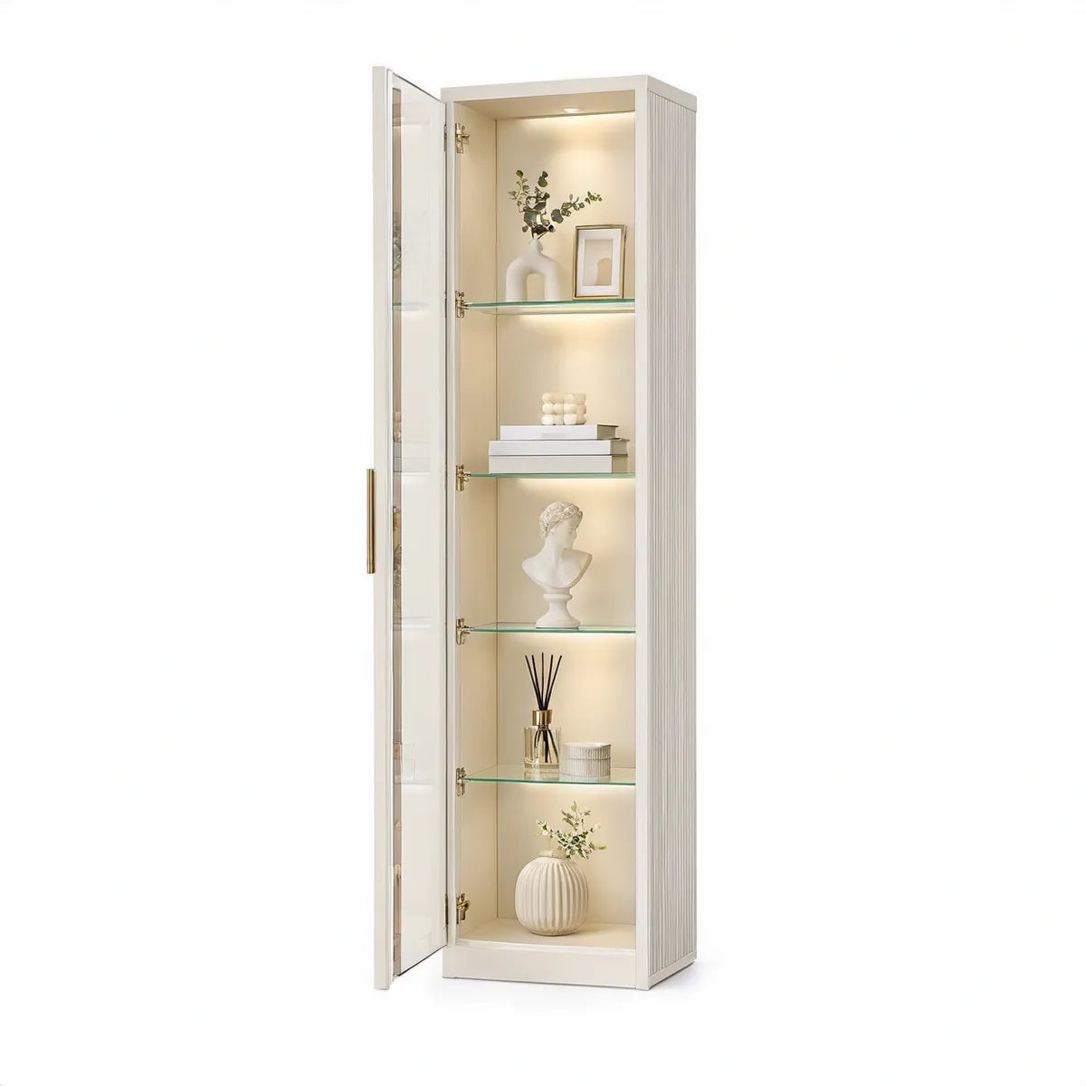 Vitrine Alta Retangular Branca e Dourada com Porta de Vidro, 60 x 40 x 180 cm