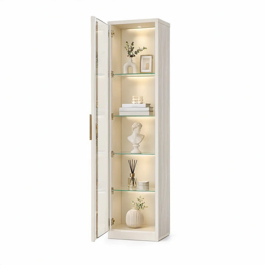 Vitrine Alta Retangular Branca e Dourada com Porta de Vidro, 60 x 40 x 180 cm
