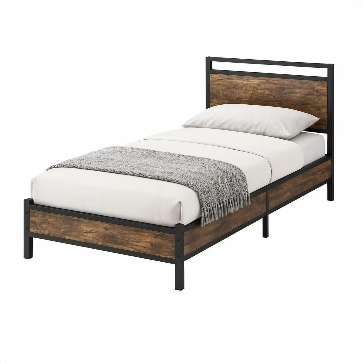 Cama Individual em Aço e MDF Castanho Escuro e Preto 90 x 190 cm