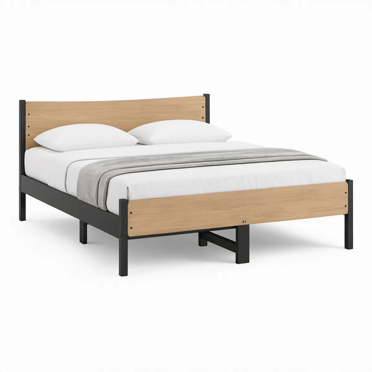 Cama de Casal em Aço e MDF com Acabamento Carvalho Natural, 160 x 200 cm, Preto e Carvalho Natural