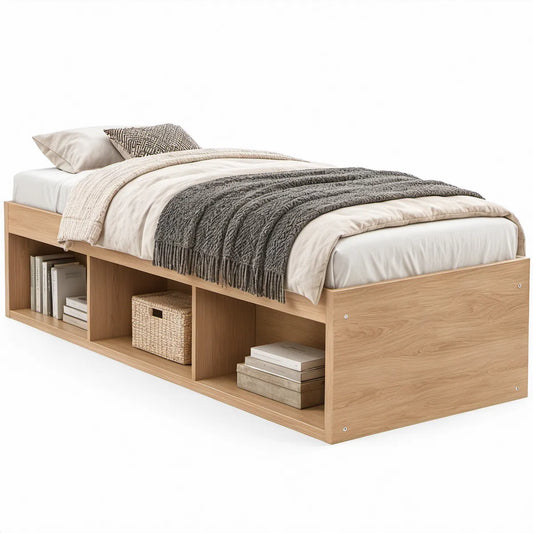 Cama Individual com Arrumação em Carvalho Claro para Colchão 90 x 190 cm